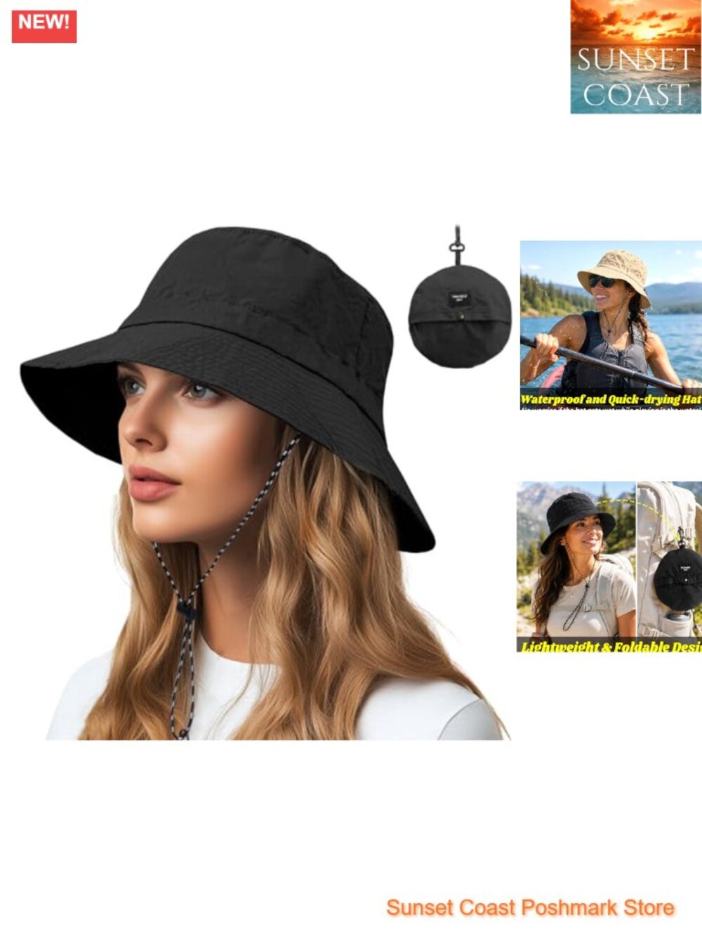 Packable Bucket Sun Hat with Drawstring & Detachable Chin Strap